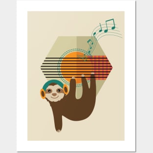 Funny Retro Sloth hanging on Guitar, Posters and Art